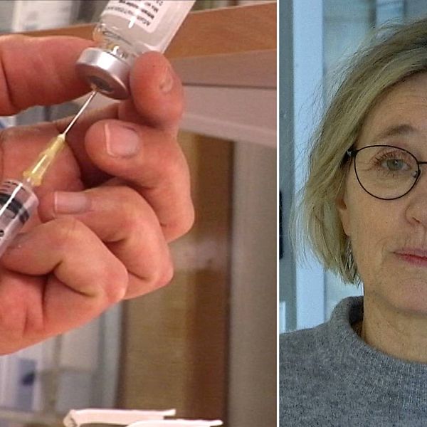 Dubbelbild. Till vänster en spruta som fylls på med vaccination. Till höger en blond kvinna med stålbågade glasögon och grå tröja.