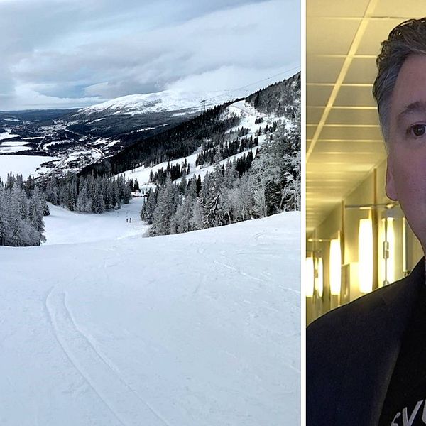 vy ner över skidbacken i Åre, samt närbild på medelålders man – Johan Bûrger Hyllienmark.