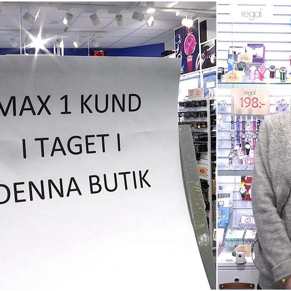 Skylt med texten ”Max 1 kund i taget i denna butik” och butikssäljaren Emma Engström