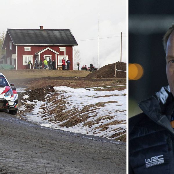 Två bilder. En rallybil på en grusväg under Svenska rallyt 2020 samt rallyts vd Glenn Olsson.