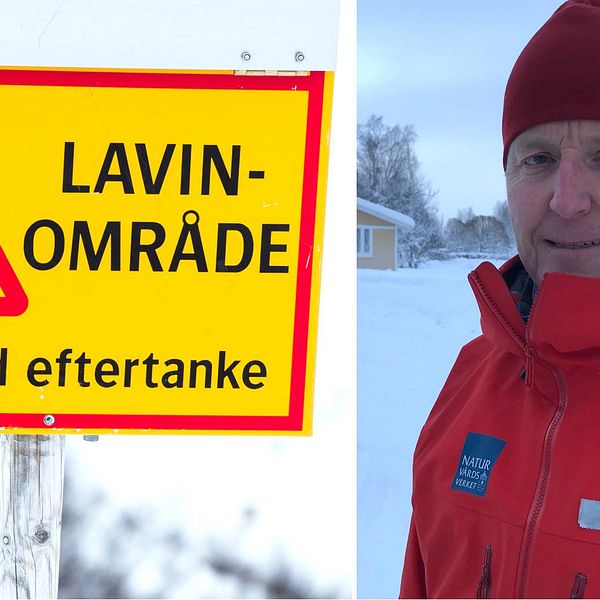 Dubbelbild. Till vänster en gul skylt med röda markeringar och texten ”Lavinområde, Åk med eftertanke”. Till höger man med röd jacka och röd mössa.