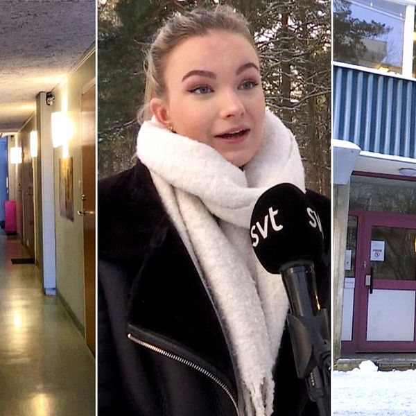 En studenkorridor, en kvinnlig studen och porten till ett studentboende i Flogsta