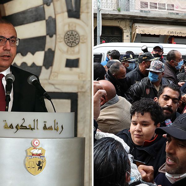Tunisiens premiärminister Hichem Mechichi/ Demonstrationer i Tunisiens huvudstad tidigare i veckan.