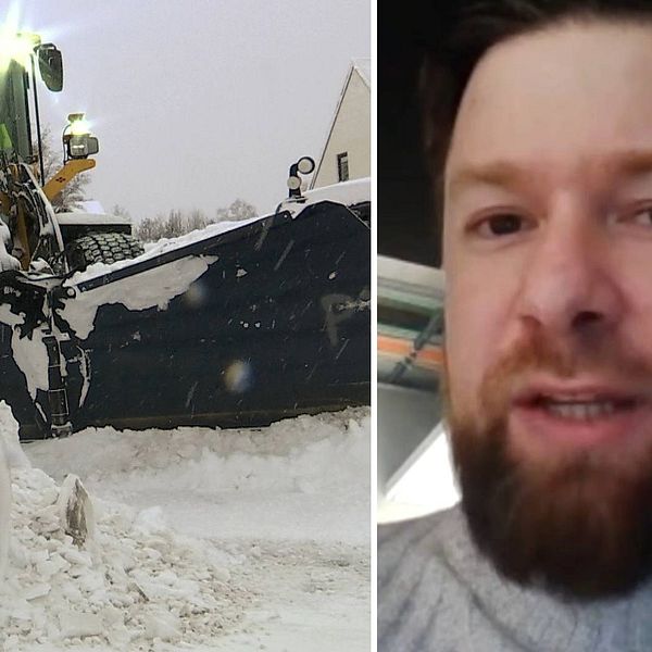 Dubbelbild. Till vänster traktor som schaktar snö. Till höger en skäggig man i grå stickad tröja.