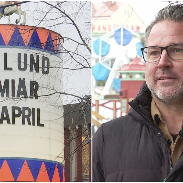 En skylt med texten Gröna Lund premiär 24 april, bild på gröna lunds vd Magnus Widell.