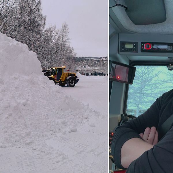 jättelik snöhög i förgrund, en fotgängare och en traktor som arbetar med snöröjning, samt närbild på man i traktorhytt