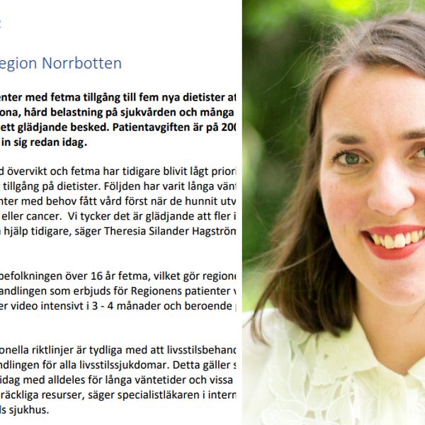skärdump på pressmeddelande från företaget Eatit, samt porträtt på en kvinna – Theresia Silander Hagström