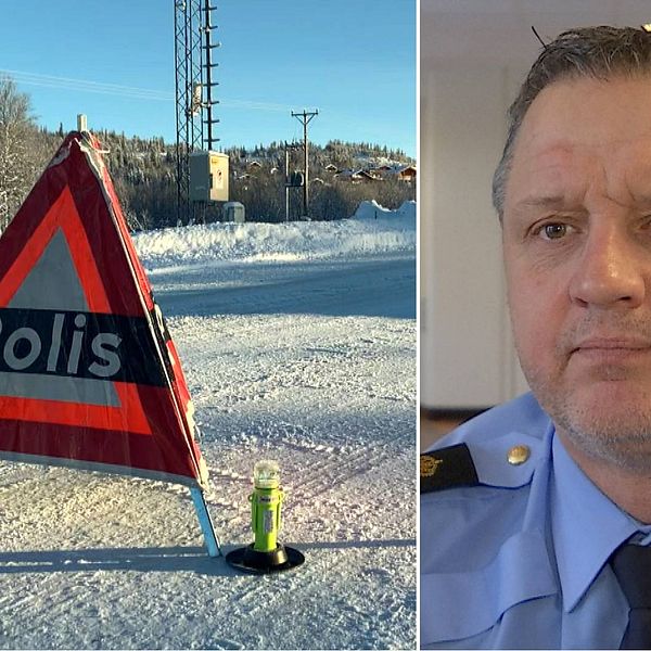 Delad bild. Till vänster en triangelformad skylt som det står polis på. Till höger en gråsprängd korthårig man med lite grå skäggstubb och polisuniform.