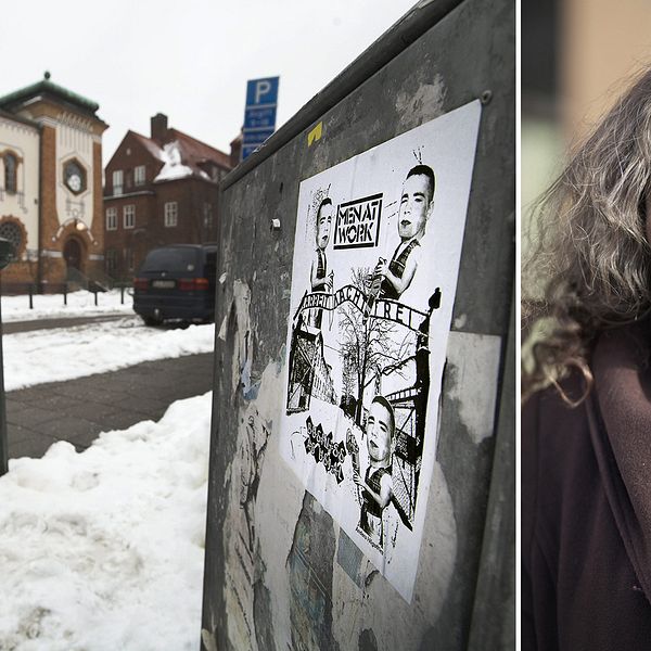 En antisemitisk affisch utanför den judiska synagogan i Rosengård. Bilden är tagen 2010.” ”Det är ett ständigt återupprepat mönster”, säger Heléne Lööw (till vänster).