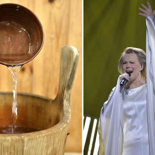 Bilden visar när någon skopar upp vatten ur en trähink i en bastu samt sångerskan Arja Saijonmaa i vit klädsel på Melodifestivalens scen.