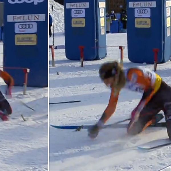 Svenskan Louise Lindström föll och bröt staven vid starten.