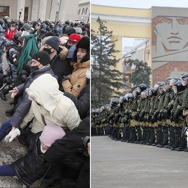 Under söndagen demonstrerade tusentals ryssar i städer runtom i Ryssland. T v rotester i Moskva, t h en polisblockad i Moskva.