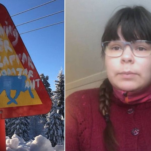 Dubbelbild. Till vänster bild på  en varningsskylt för ren som är klottrad på med texten ”varning för lappar dom tar allt”. Till höger kvinna med mörkt långt hår i fläta, glasögon och röd kofta.