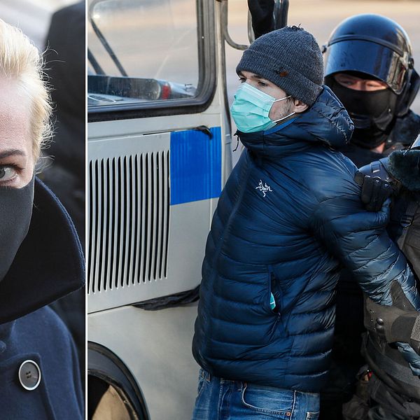 Aleksej Navalnyjs fru Julia utanför rätten där det blev stökigt under morgonen och flera Navalny-anhängare greps.