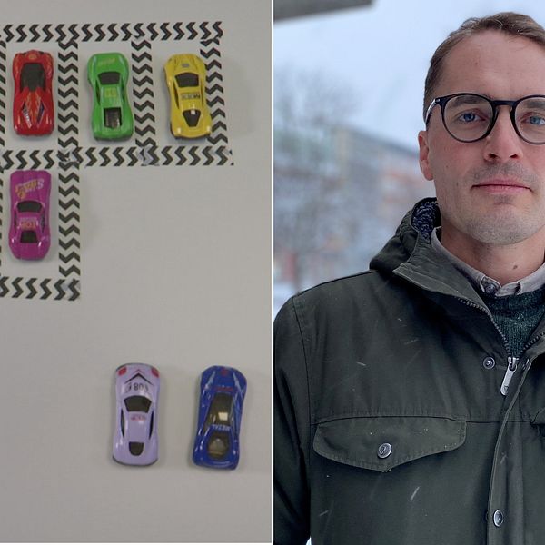 En bild på leksaksbilar i rutor av tejp och en bild på projekteringschef Björn Wiberg.