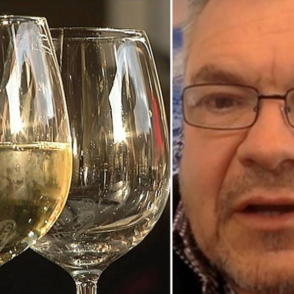 Dubbelbild. Till vänster två vinglas med vitt vin. Till höger gråhårig man med skäggstubb och glasögon.