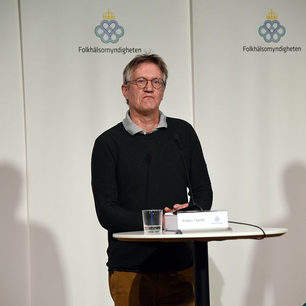 Bilden visar statsepidemiolog Anders Tegnell under en presskonferens.