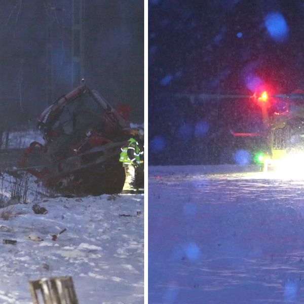 till vänster en bild från en olycka vid järnvägsspår och till höger räddningshelikopter.