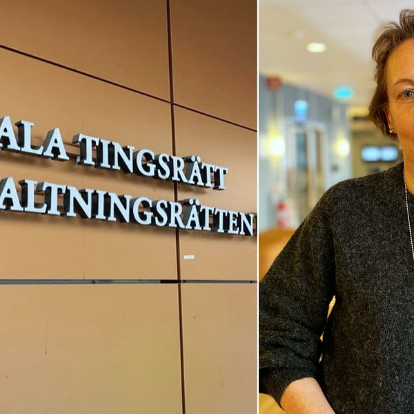Skylten på utsidan av Uppsala tingsrätt bredvid tingsrättens chef Catarina Barketorp.