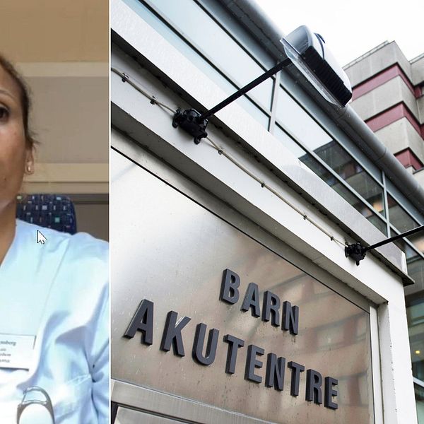 Maria Mossberg och entrén till barnakuten på Skånes universitetssjukhus i Lund.