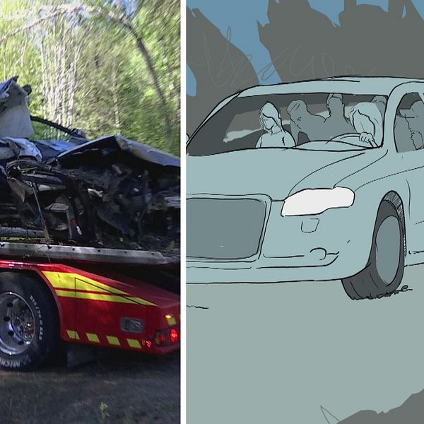 Till vänster en kraschad bil som bogseras och till höger en bild i grafik som en personbil och en epatraktor. Efter Sörforsolyckan.