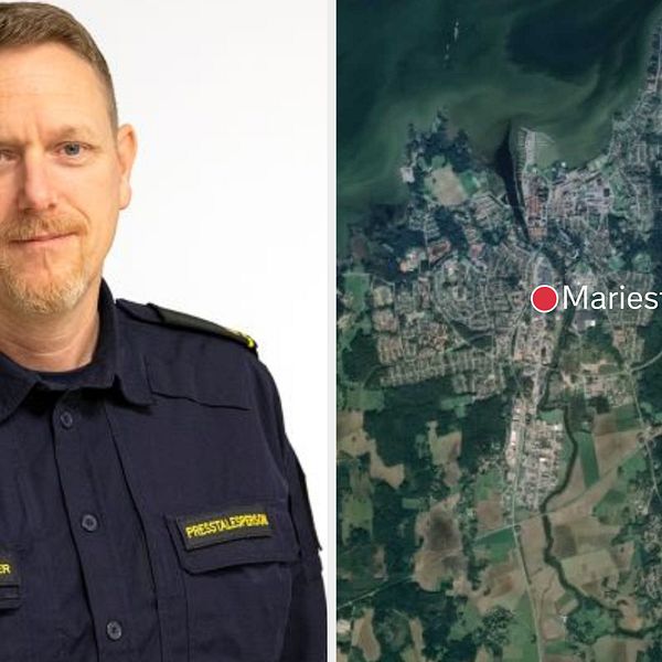 Polisens presstalesperson Hans-Jörgen Ostler och en kartbild över Mariestad.