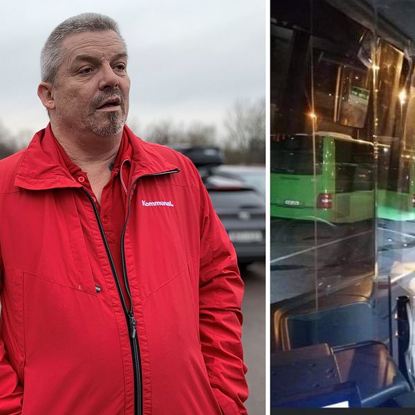 Fotomontage, en man från facket kommunal och en bild på det reflekterande plexiglaset