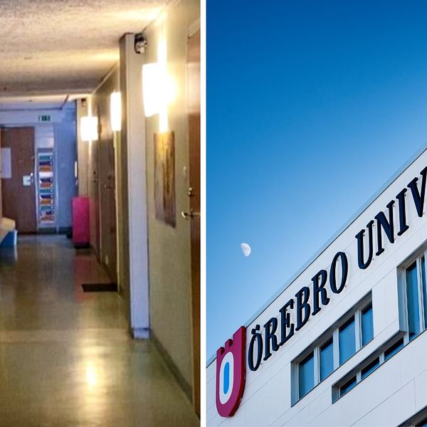 Till höger en bild på en studentkorridor och till höger en bild på Örebro universitet.