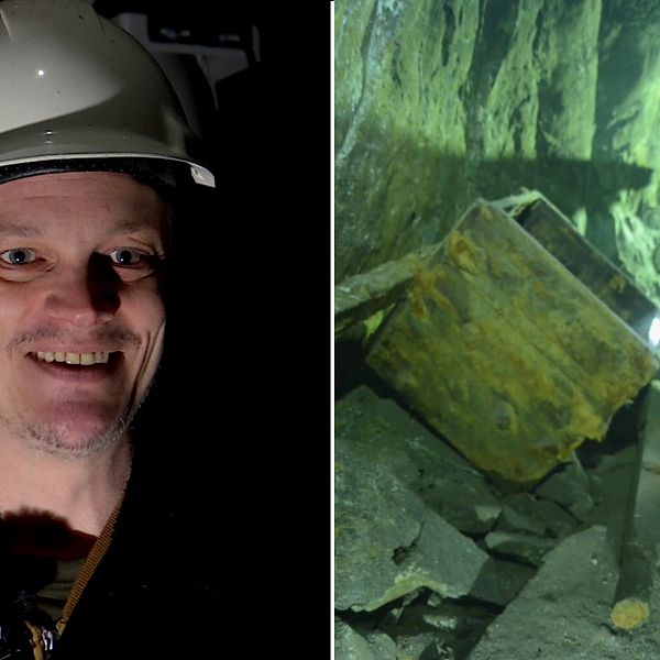 Verksamhetsutvecklaren Niklas Ulfvebrand i en skyddshjälm, och undervattensbild på dykare nere i en gång i Sala silvergruva.