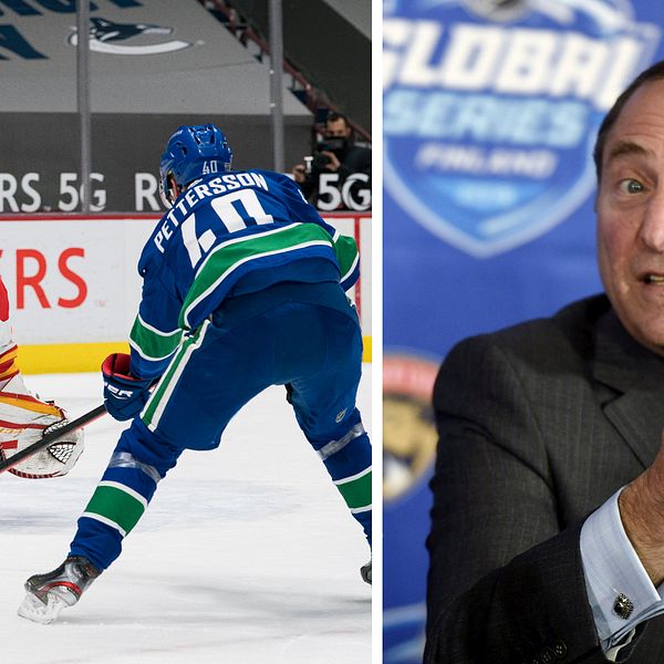 NHL får skarp kritik från Hockey Diversity Alliance. Till vänster Jacob Markström och Elias Pettersson, till höger NHL-bossen Gary Bettman.