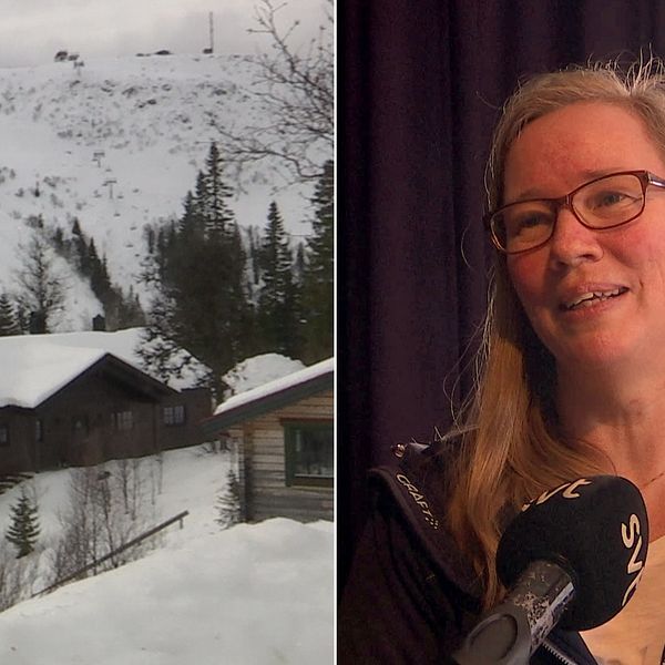 Bild på fjällstuga till vänster samt bild tagen ur videointervju föreställande Cilla Gauffin till höger