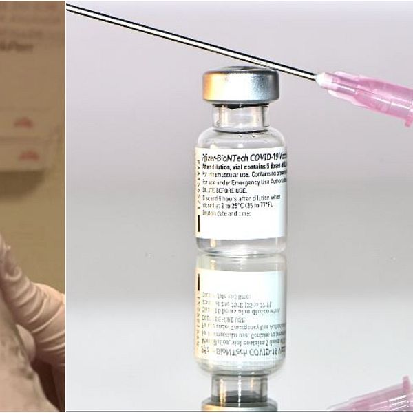 Till vänster en hand som håller i en vaccinspruta. Till höger en vaccinflaska med tillhörande spruta.