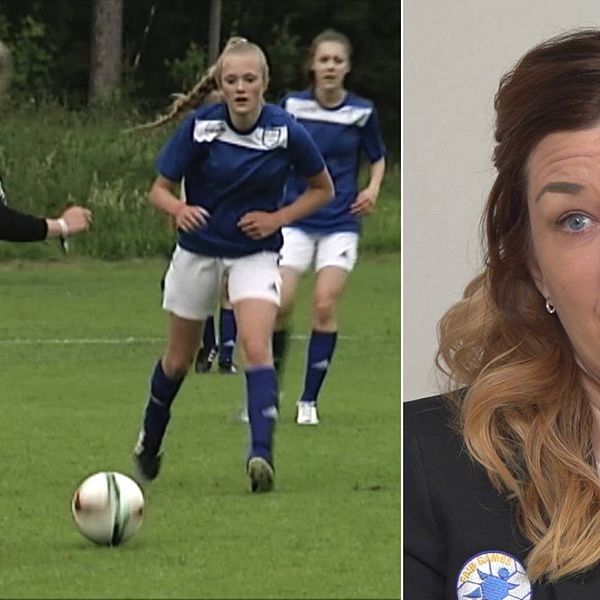 tre tjejer som spelar fotbollsmatch, samt närbild på Storsjöcupens Teres Gärdin – en medelålders kvinna