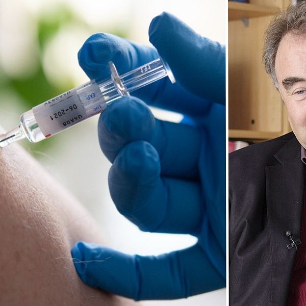 Kollage av två bilder, en närbild på arm som får vaccinspruta, den andra på Bo Rothstein