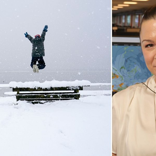 barn som hoppar i snön, meteorolog Josefin Bergstedt