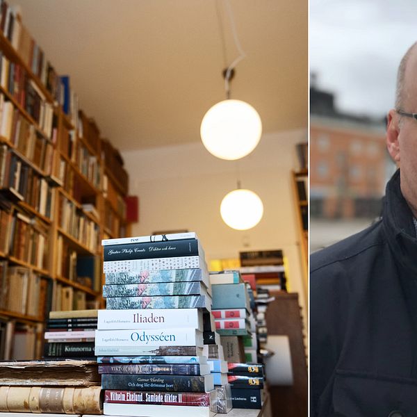 Till vänster: bokhögar. Till höger: Jan Dzedins, kulturchef Emmaboda