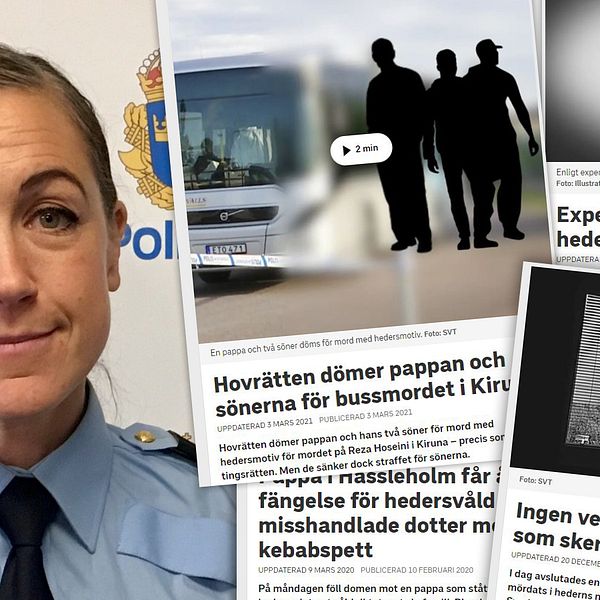 Bilden visar Jenny Edin på polisen framför Polismyndighetens logga samt rubriker från artiklar som handlar om hedersbrott.