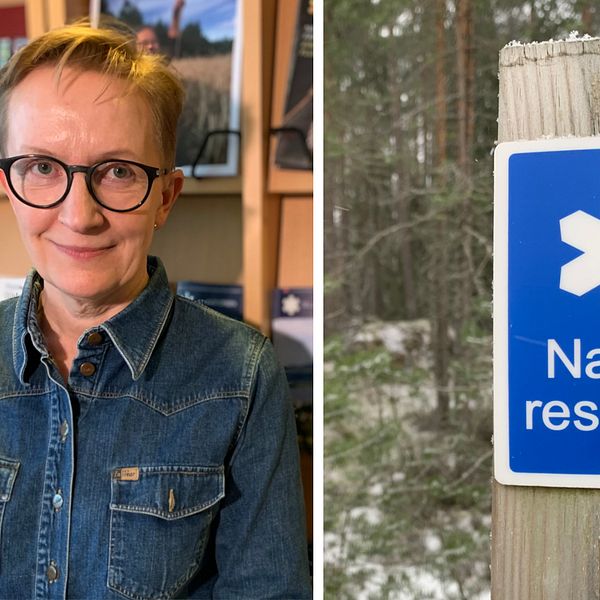 Jetm Anna Eriksson på Länsstyrelsen och en skylt som visar att det är ett naturreservat.