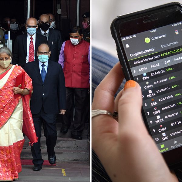 Indiens finansminister Nirmala Sitharaman och någon som handlar med kryptovaluta.