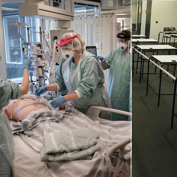 Bild på tre sjuksköterskor som opererar och en andra bild på ett tomt klassrum