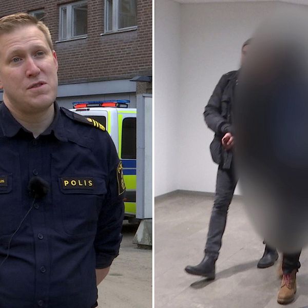 Man med polisuniform och armarna bakom ryggen. Bredvid två civilpoliser som