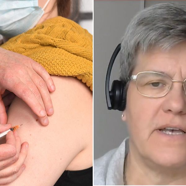 Bilden är splittad i två. Den vänstra bilden visar närbild på en person som får en spruta i armen. Den högra bilden är en porträttbild på vaccinsamordaren Marie Ragnarsson.