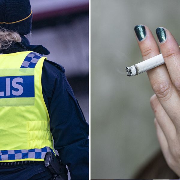 Polis iförd gul väst/Hand som håller en cigarett