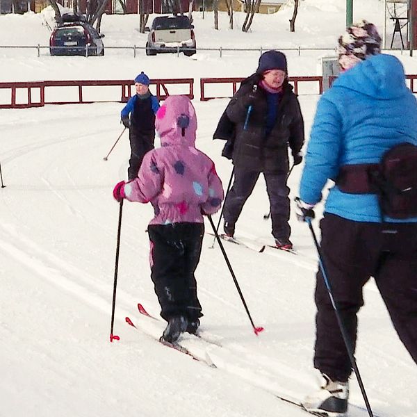 Människor som åker längdskidor. Två vuxna och tre barn.