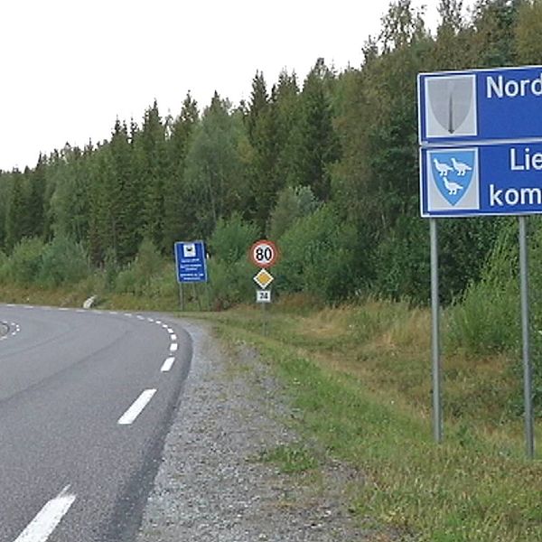 Asfaltsväg och blå vägskylt med texten Nord-Tröndelag fylke och Lierne kommune.