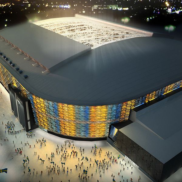 Bild på den nybyggda nationalarenan Friends Arena, där Melodifestivalen 2013 kommer att avgöras.