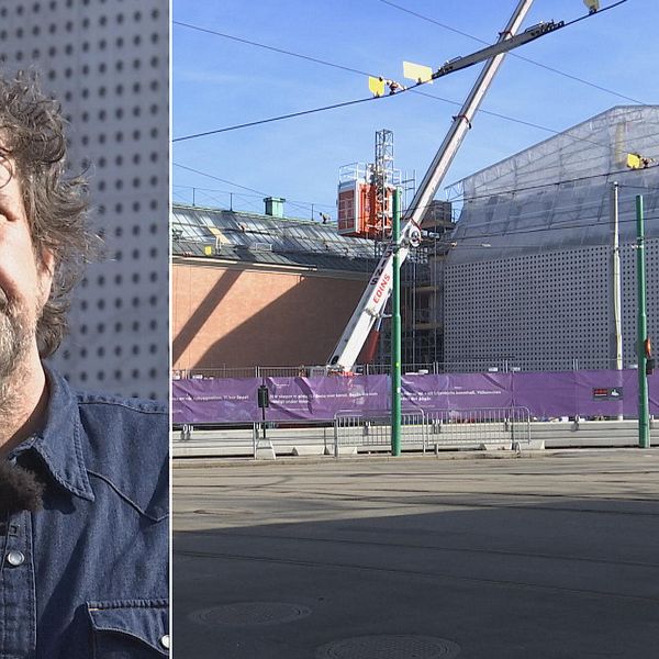 Konstkritiker Dennis Dahlqvist i närbild, han har blå skjorta på sig och ser lite sammanbiten ut. Den högra bilden visar en del av den nya konsthallen som är grå med lera runda hål i. Framför byggnaden syns en del av en lyftkran och bakom syns en del av Liljevalchs fasad.