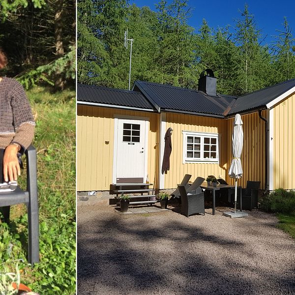 Bilden är ett collage. Den vänstra bilden föreställer en medelålders kvinna som sitter ute i solen i en trädgårdstol. Den högra bilden föreställer en gul stuga med vita knutar. Bakom den syns gröna granar.