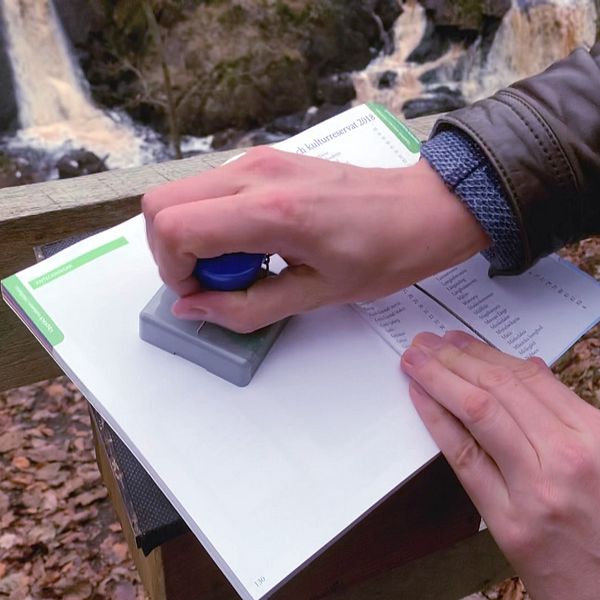 En stämpel i naturreservatet Danska fall i Halmstads kommun.