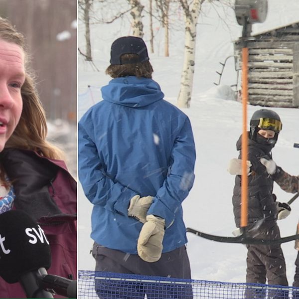 Till vänster en kvinna med vinröd vinterjacka och vind i håret. Till höger tre barn i en liftkö.